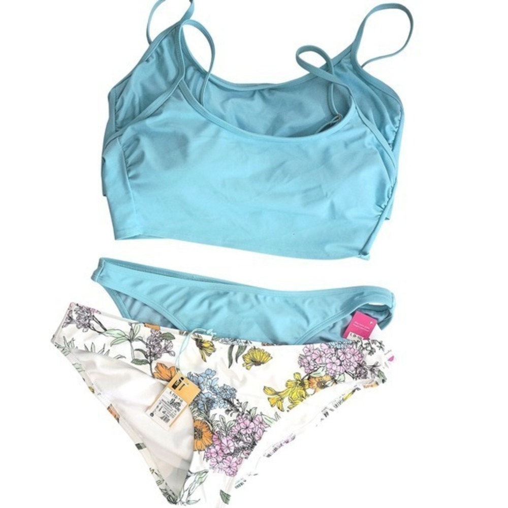 Xhilaration Womens 4 Piece Bikini Set Light Blue Solid and Floral Print Size‎ L